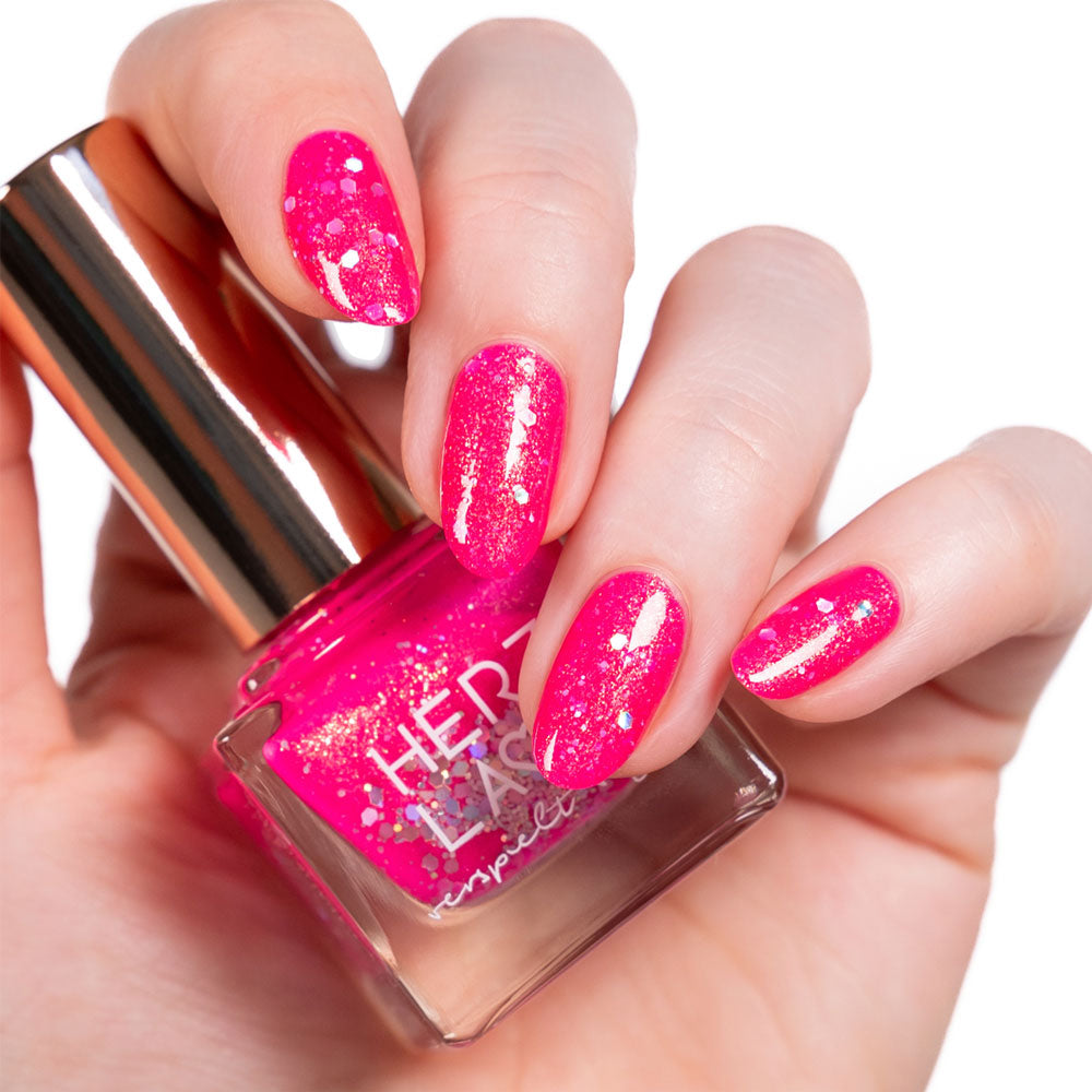 herzlack-poppy-pink-veganer-neon-nagellack-pink-glitzer-holo-11ml image 2