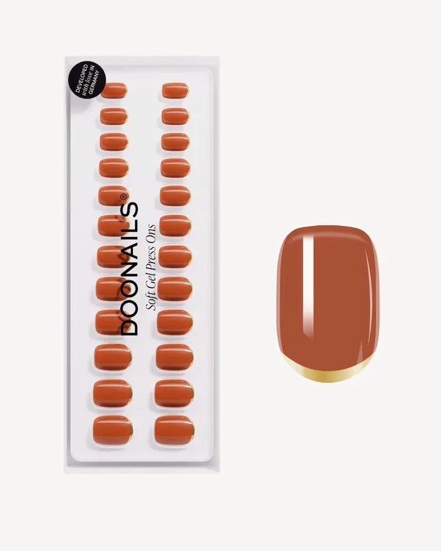 doonails-cinnamon-extra-short-square-soft-gel-press-ons-orange-braun-mit-goldlin image 1